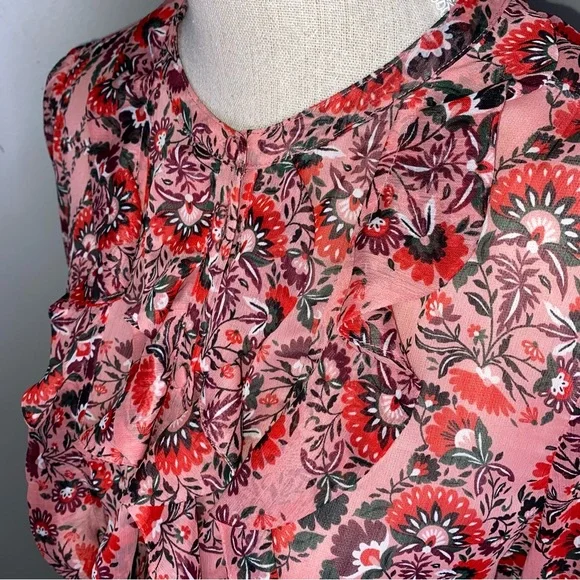 Boden pink & red paisley floral button front sheer ruffle front blouse size 8 - Picture 2 of 7